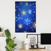 XMAS Blauwe Achtergrond met Golden Snowflakes Poster (Thuiskantoor)