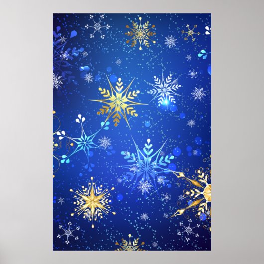 XMAS Blauwe Achtergrond met Golden Snowflakes Poster (Voorkant)
