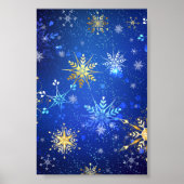 XMAS Blauwe Achtergrond met Golden Snowflakes Poster (Voorkant)
