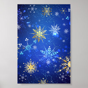 XMAS Blauwe Achtergrond met Golden Snowflakes Poster