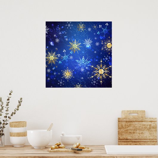 XMAS Blauwe Achtergrond met Golden Snowflakes Poster (Keuken)