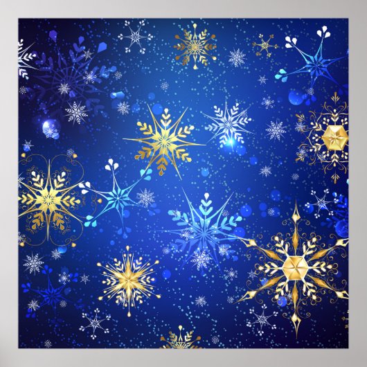 XMAS Blauwe Achtergrond met Golden Snowflakes Poster (Voorkant)