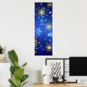 XMAS Blauwe Achtergrond met Golden Snowflakes Poster (Thuiskantoor)