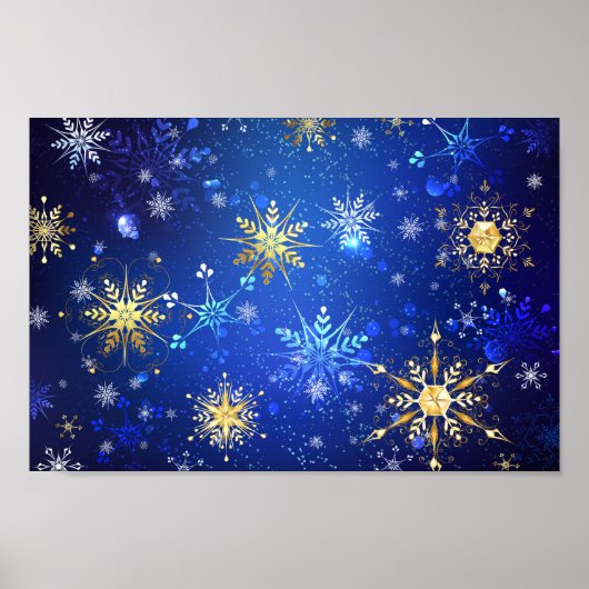 XMAS Blauwe Achtergrond met Golden Snowflakes Poster (Voorkant)