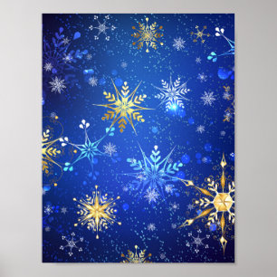 XMAS Blauwe Achtergrond met Golden Snowflakes Poster