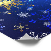 XMAS Blauwe Achtergrond met Golden Snowflakes Poster (Hoek)