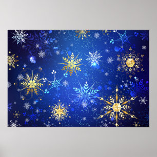 XMAS Blauwe Achtergrond met Golden Snowflakes Poster