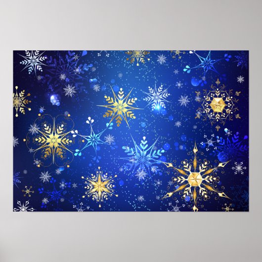 XMAS Blauwe Achtergrond met Golden Snowflakes Poster (Voorkant)