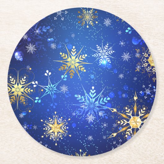 XMAS Blauwe Achtergrond met Golden Snowflakes Ronde Kartonnen Onderzetter (Voorkant)
