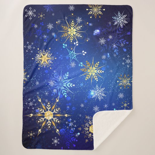 XMAS Blauwe Achtergrond met Golden Snowflakes Sherpa Deken (Voorkant)