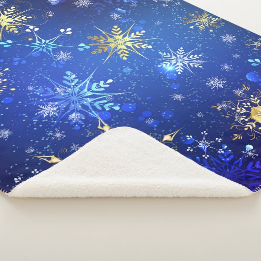 XMAS Blauwe Achtergrond met Golden Snowflakes Sherpa Deken (3/4)