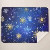 XMAS Blauwe Achtergrond met Golden Snowflakes Sherpa Deken (Voorkant (horizontaal))