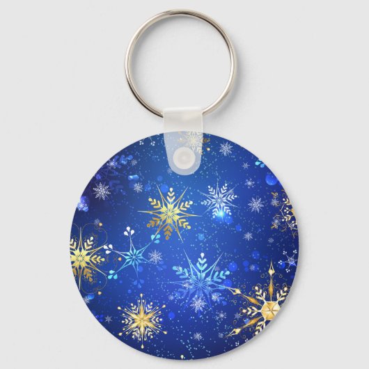 XMAS Blauwe Achtergrond met Golden Snowflakes Sleutelhanger (Voorkant)