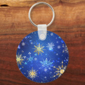 XMAS Blauwe Achtergrond met Golden Snowflakes Sleutelhanger (Voorkant)