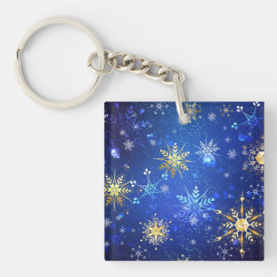 XMAS Blauwe Achtergrond met Golden Snowflakes Sleutelhanger