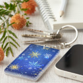 XMAS Blauwe Achtergrond met Golden Snowflakes Sleutelhanger (Voorkant Rechts)