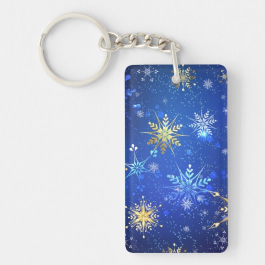 XMAS Blauwe Achtergrond met Golden Snowflakes Sleutelhanger (Voorkant)