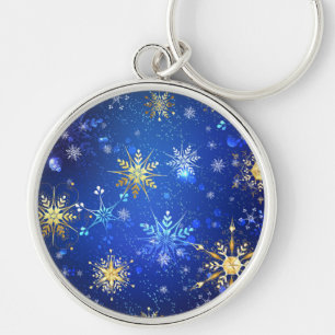 XMAS Blauwe Achtergrond met Golden Snowflakes Sleutelhanger