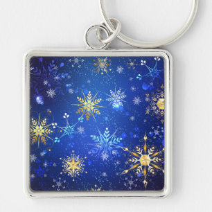 XMAS Blauwe Achtergrond met Golden Snowflakes Sleutelhanger