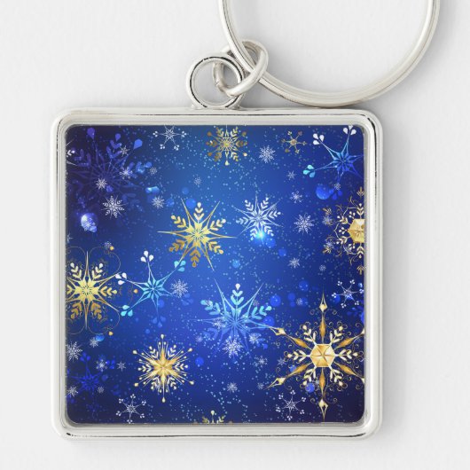 XMAS Blauwe Achtergrond met Golden Snowflakes Sleutelhanger (Voorkant)