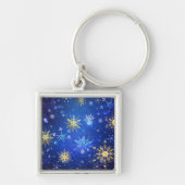 XMAS Blauwe Achtergrond met Golden Snowflakes Sleutelhanger (Voorkant)