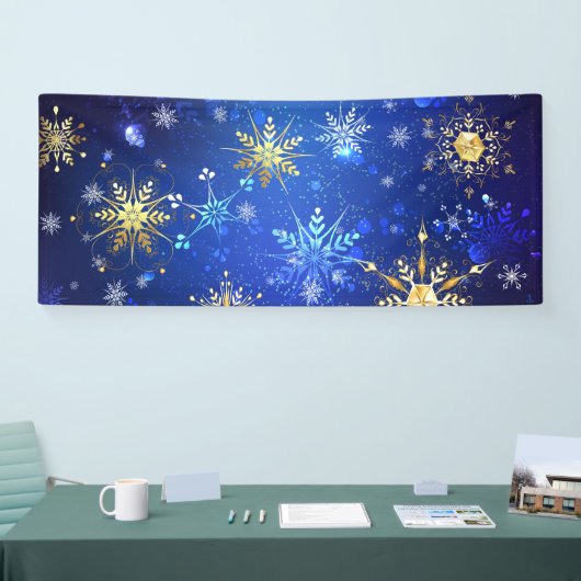 XMAS Blauwe Achtergrond met Golden Snowflakes Spandoek (Beurs)