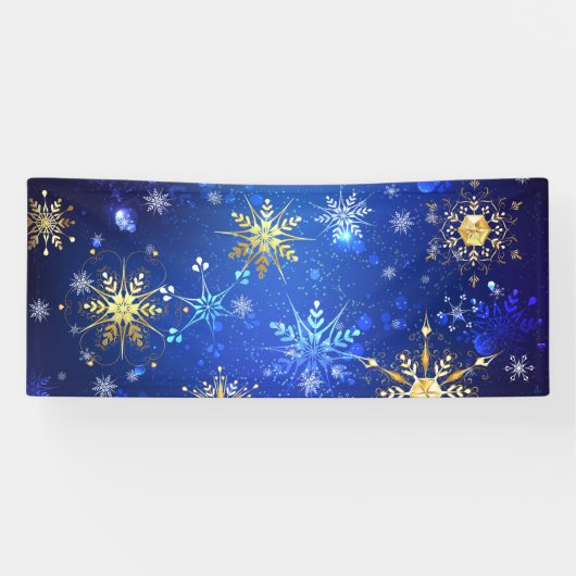 XMAS Blauwe Achtergrond met Golden Snowflakes Spandoek (Horizontaal)