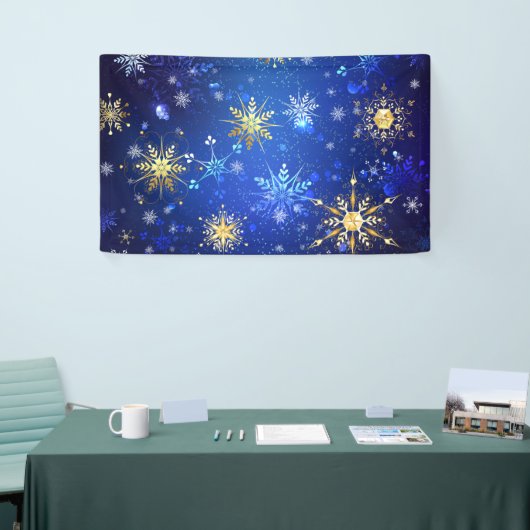XMAS Blauwe Achtergrond met Golden Snowflakes Spandoek (Beurs)