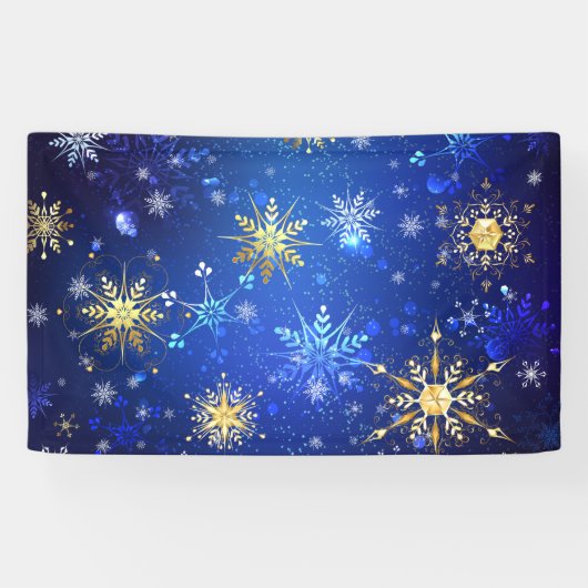 XMAS Blauwe Achtergrond met Golden Snowflakes Spandoek (Horizontaal)