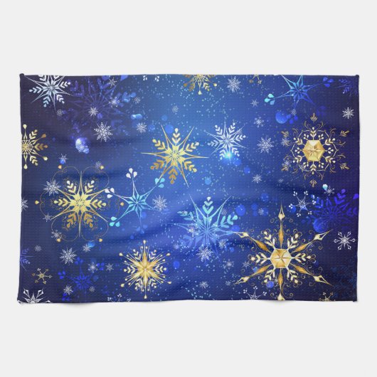 XMAS Blauwe Achtergrond met Golden Snowflakes Theedoek (Horizontaal)