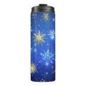 XMAS Blauwe Achtergrond met Golden Snowflakes Thermosbeker (Voorkant)