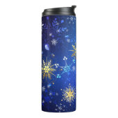 XMAS Blauwe Achtergrond met Golden Snowflakes Thermosbeker (Gedraaid links)
