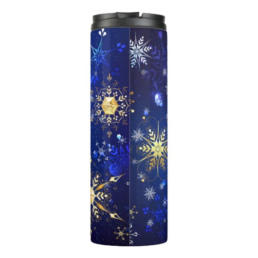 XMAS Blauwe Achtergrond met Golden Snowflakes Thermosbeker (Achterkant)