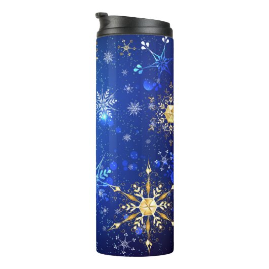 XMAS Blauwe Achtergrond met Golden Snowflakes Thermosbeker (Geroteerd rechts)