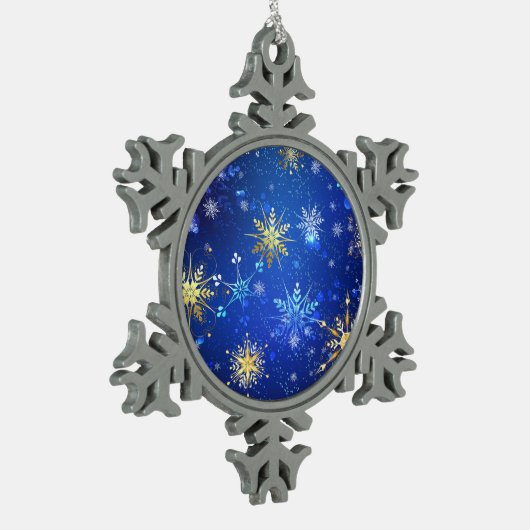 XMAS Blauwe Achtergrond met Golden Snowflakes Tin Sneeuwvlok Ornament (Links)