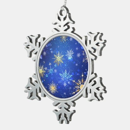 XMAS Blauwe Achtergrond met Golden Snowflakes Tin Sneeuwvlok Ornament (Rechts)