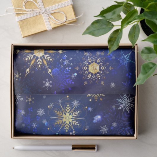 XMAS Blauwe Achtergrond met Golden Snowflakes Tissuepapier (Geschenk)