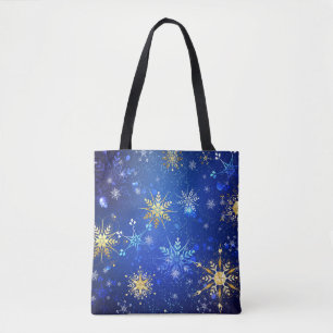 XMAS Blauwe Achtergrond met Golden Snowflakes Tote Bag