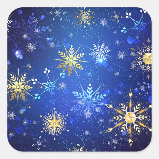 XMAS Blauwe Achtergrond met Golden Snowflakes Vierkante Sticker (Voorkant)