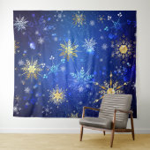 XMAS Blauwe Achtergrond met Golden Snowflakes Wandkleed (In Situ (horizontaal))