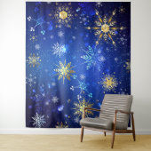 XMAS Blauwe Achtergrond met Golden Snowflakes Wandkleed (In situ)