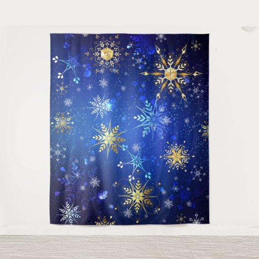 XMAS Blauwe Achtergrond met Golden Snowflakes Wandkleed (Voorkant)
