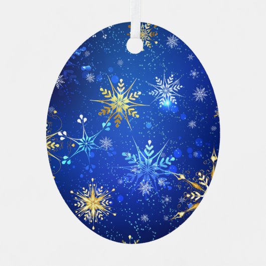 XMAS Blue Background met Golden Snowflakes Label Metalen Ornament (Voorkant)