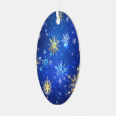 XMAS Blue Background met Golden Snowflakes Label Metalen Ornament (Voorkant links)