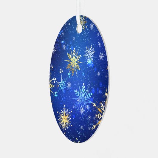 XMAS Blue Background met Golden Snowflakes Label Metalen Ornament (Voorkant links)