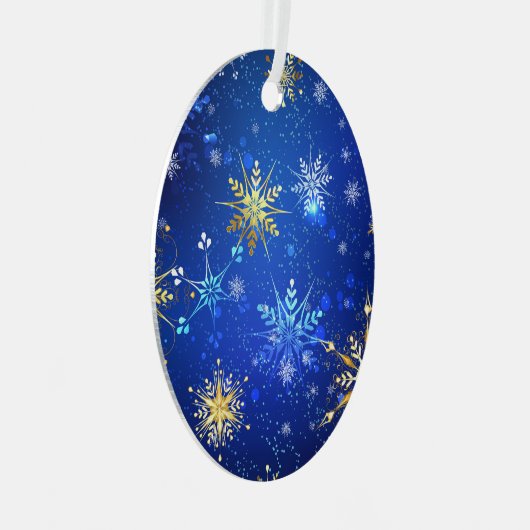 XMAS Blue Background met Golden Snowflakes Label Metalen Ornament (Voorkant Rechts)