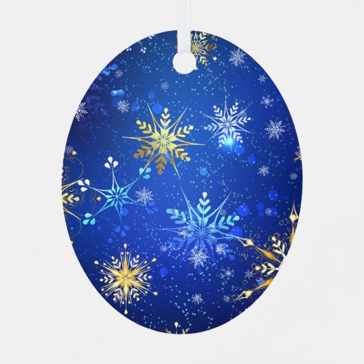XMAS Blue Background met Golden Snowflakes Label Metalen Ornament (Achterkant)