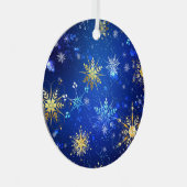 XMAS Blue Background met Golden Snowflakes Label Metalen Ornament (Voorkant Rechts)