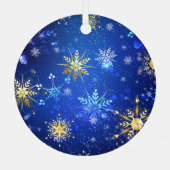 XMAS Blue Background met Golden Snowflakes Label Metalen Ornament (Achterkant)