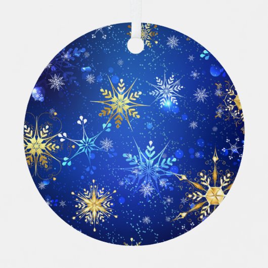 XMAS Blue Background met Golden Snowflakes Label Metalen Ornament (Voorkant)